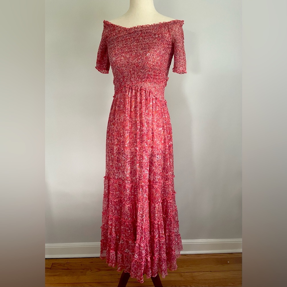 NWT Poupette St. Barth Soledad Silk Smocked Midi Dress in Pink Glory, Small